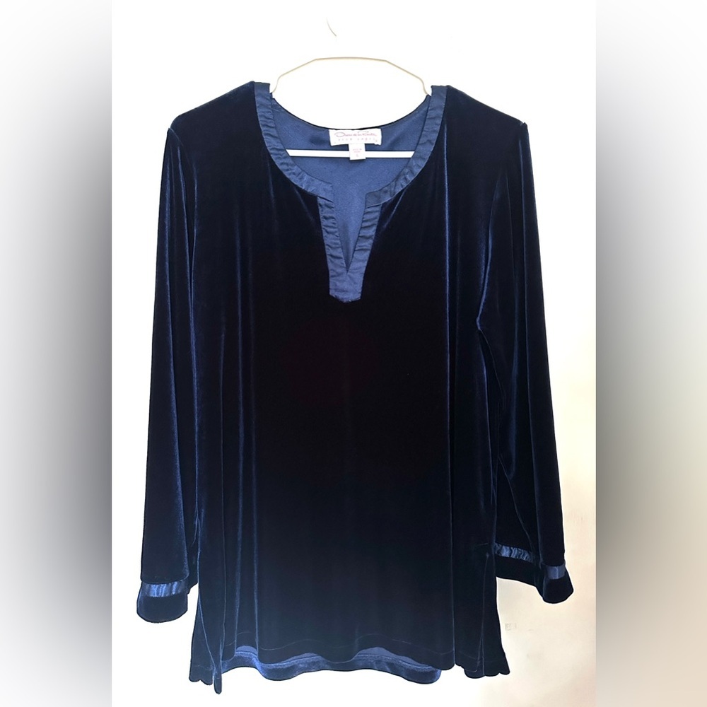 Oscar De La Renta Pink Label‎ Velvet Top Womens Size L Satin Trim Blue Slit Side